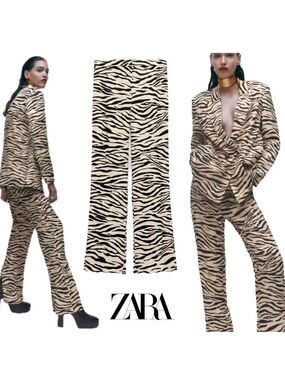 Zara cream black tiger animal print satin effect pyjama pants back slit M NWOT